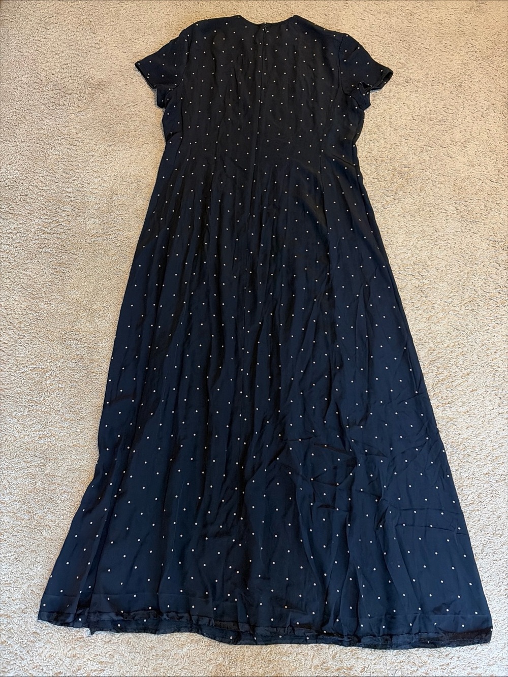 Vintage Lauren Ralph Lauren Navy Blue Beige Polka Dot 100% Silk Maxi Dress Sz 16 - Picture 5 of 5